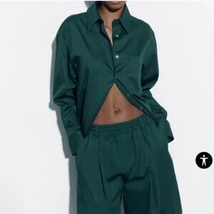 Zara Asymmetrical Poplin Button Down Shirt in Hunter Green